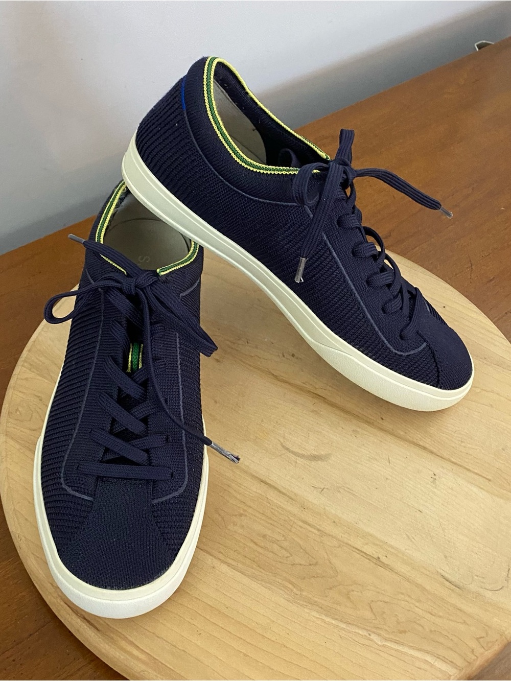 Rothy's The Lace Up Sneakers Navy Blue Yellow Trim Knit Women’s Size 10 Washable - Picture 12 of 16